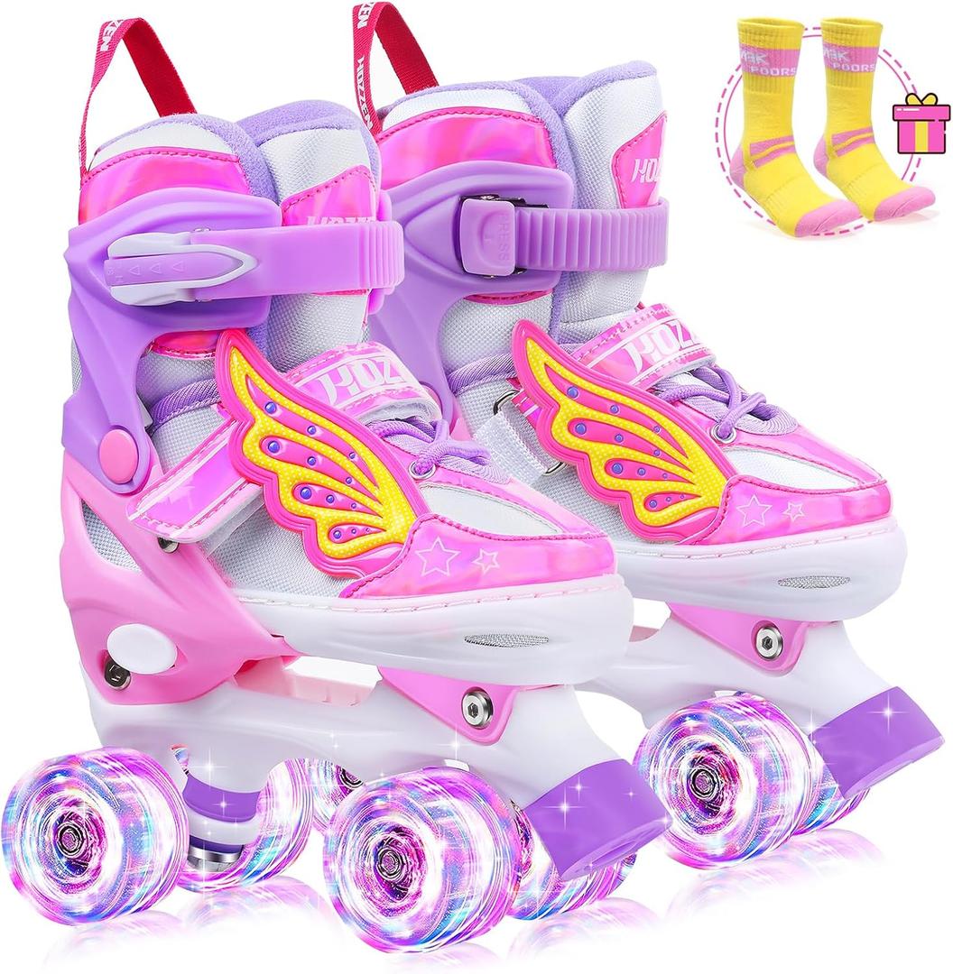 Girls Kids Adjustable Light Up Skates, 8 Light UP Wheels, Rainbow Roller Skates for Toddlers Beginner Kids (S 9C-12C) ) (Pink)
