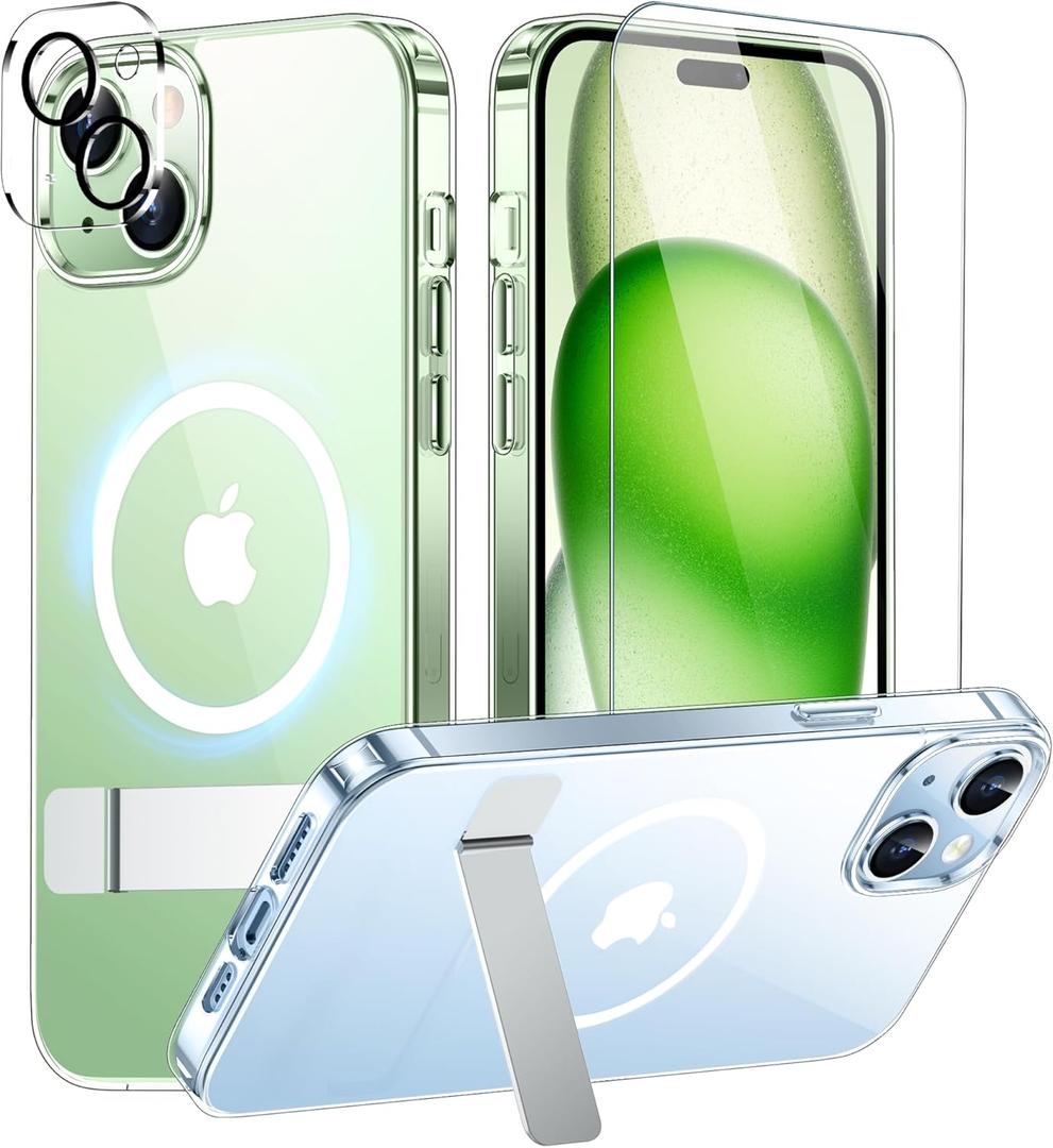 SPIDERCASE Magnetic for iPhone 15 Plus Case/iPhone 14 Plus Case, with 2 Pcs [Tempered Glass Screen Protector+Camera Lens Protector][Military Drop Protection] Kickstand Slim Thin Case,Clear