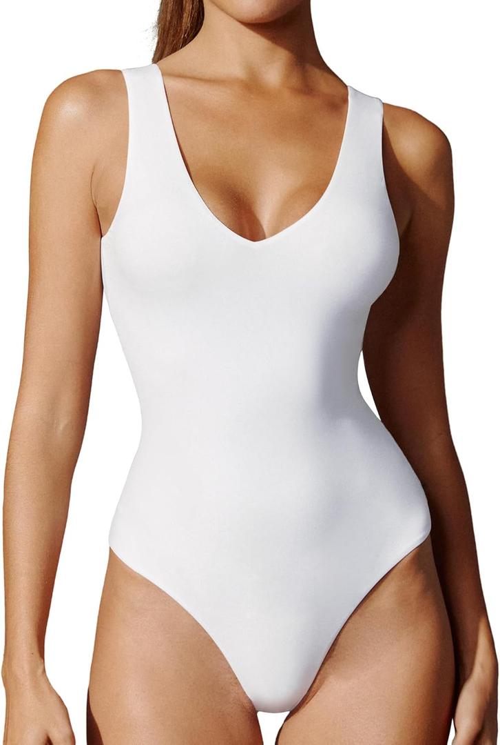 IUGA Bodysuits for Women Tummy Control V Neck Backless Bodysuit Tops Sleeveless Tank Top Body Suits for Women (Large, White)