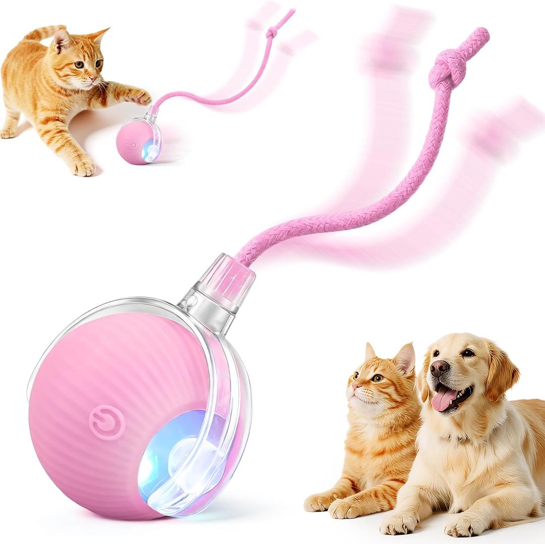 Interactive Electric Automatic Rolling Moving USB Rechargeable Self Activated Play Stimulation Toy Smart Chase Teaser Ball with Speedy Tail Rope for Bored Adult Indoor Cats and Dogs, Pink