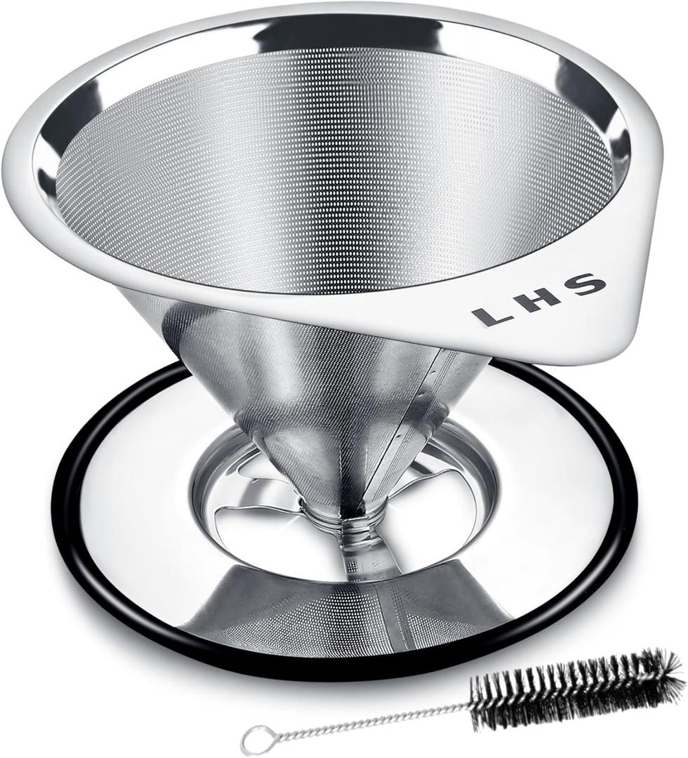 LHS Pour Over Coffee Dripper Stainless Steel Coffee Filter Metal Cone Filter Paperless Reusable Coffee Filter Single Cup Coffee Maker 1-2 Cup With Non-slip Cup Stand and Cleaning Brush (single mesh 1-2 cups Silver)