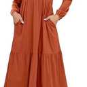 ANRABESS Women's Long Sleeve Maxi Dresses 2026 Spring Casual V Neck Flowy Tiered Boho Modest Vacation Dress with Pockets (Large, Rust Red)