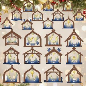 Qunclay 36 Pcs Christmas Nativity Scene Ornaments Wooden Religious Christmas Tree Decorations Birth of Jesus Christian House Xmas Wood Hanging Ornaments for Tree Home Window Xmas Gift(Blue,Classic)
