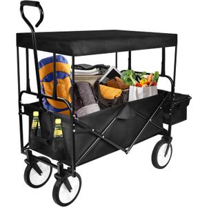 YSSOA Heavy Duty Folding Portable Hand Cart with Removable Canopy, 8'' Wheels, Adjustable Handles and Double Fabric for Shopping, Picnic, Beach, Camping