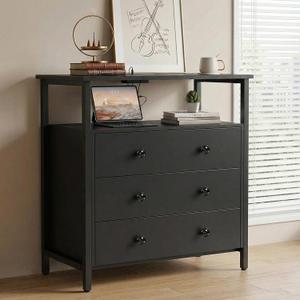 Edbuosy 3 Wooden Drawers Night Stand, 27 Inch Wide Nightstand with Charging Station and Adjustable Drawers, Small Dresser for Closet, Bedside Table for Living Room/Bedroom/Office