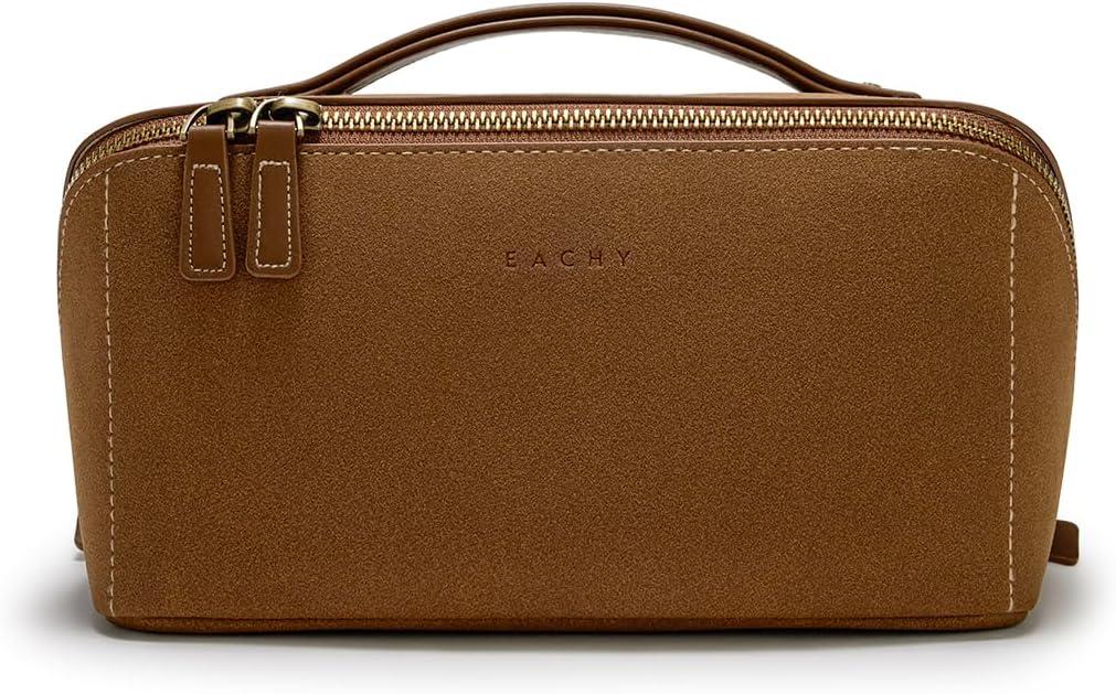 EACHY Travel Makeup Bag, Faux Suede Cosmetic Bags for Women,Large Capacity Portable Pouch Open Flat Toiletry Bag Make up Organizer with Divider and Handle (Medium)