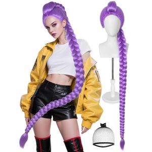 Hair Cap+Long Purple Wig with Braids Purple Braided Wig for Women Extra Long Cosplay Outfit Halloween Ponytail Costume Adult Anime Outfit for Halloween Party Cosplay Comic Con