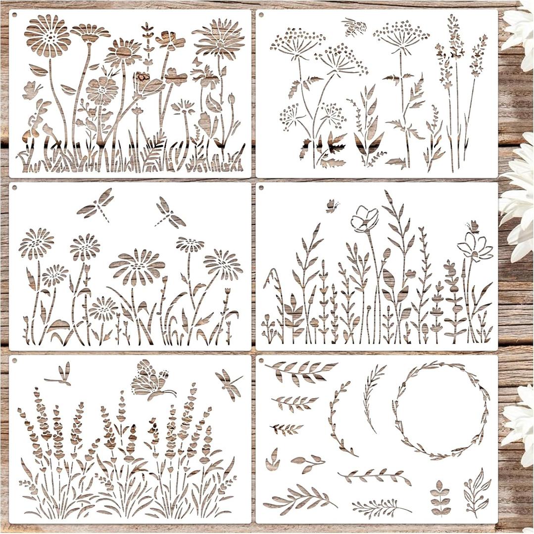 Large Flower Stencils for Painting on Walls Fence - 16x11 Inches Reusable Jumbo Wildflower Stencils for Crafts, Canvas, Paper, Garden, Fabric, Furniture, Outdoors (floral6)