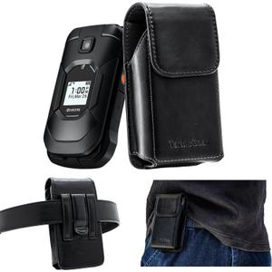 Leather Flip Phone Case with Belt Clip, Pouch for Kyocera & TCL & Nokia Flip Phone Holster for Belt, Cat S22 Case, Phones Sheath, Sonim XP3 Plus Magnetic Phones Pouch (Black)