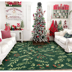 Washable Vintage Floral Christmas 3x5 Area Rugs Non Slip  Ultra Thin Soft Xmas Tree Green Berries Holly Branches Festive Winter Christmas Rug Accent Carpet for Kitchen Bedroom Entryway Dorm