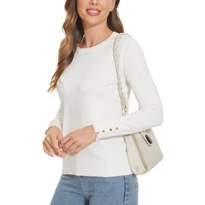 Spicy Sandia Women's Lightweight Long Sleeve Crew Neck Sweaters Striped Casual Knit Pullover Tops (Large, Off-white)