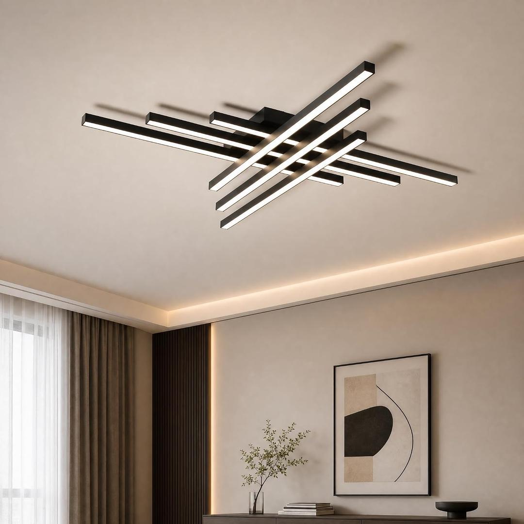 Modern LED Ceiling Lights 43.3" Black Flush Mount Ceiling Light Fixture Sputnik Dimmable Ceiling Lights with Remote Control for Bedroom Living Room Kitchen Room(6 Lights)