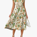 BerryGo Women's Floral Boho Ruffle Summer Midi Dress Short Sleeve V Neck Empire Waist Swing Flowy Dress
, S