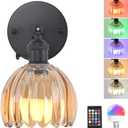 Vintage Battery Operated Wall Sconce with Amber Tulip Glass Lampshade Wireless Rechargeable Battery Powered Black Wall Light with Remote Control for Bedside Bedroom Doorway