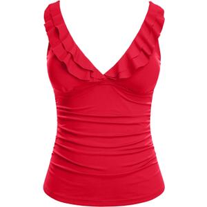 Yonique Women's Tankini Top Only Tummy Control Bathing Suit Top Ruffle Swimsuit Top V Neck Swim Tank Top No Bottom (Medium, Red)