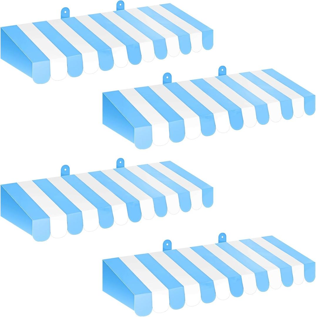 Boao 4 Pack Circus Awning Decoration 3D Stripe Cardboard Awning Carnival Wall Decor Circus Party Favors for Lemonade Stand Bakery Ice Cream Truck Bulletin Board Decor(Blue and White)