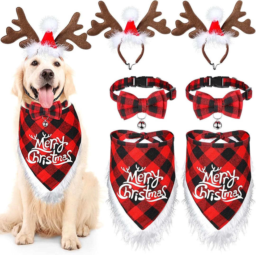 6 PCs Dog Christmas Costume Elk Reindeer Antler Headband Buffalo Plaid Bandana Bow Tie Triangle Pet Scarf Outfit Bib Adjustable Collar Cat Decor Photo Gift Small Medium Dog(Chic Style,Red)