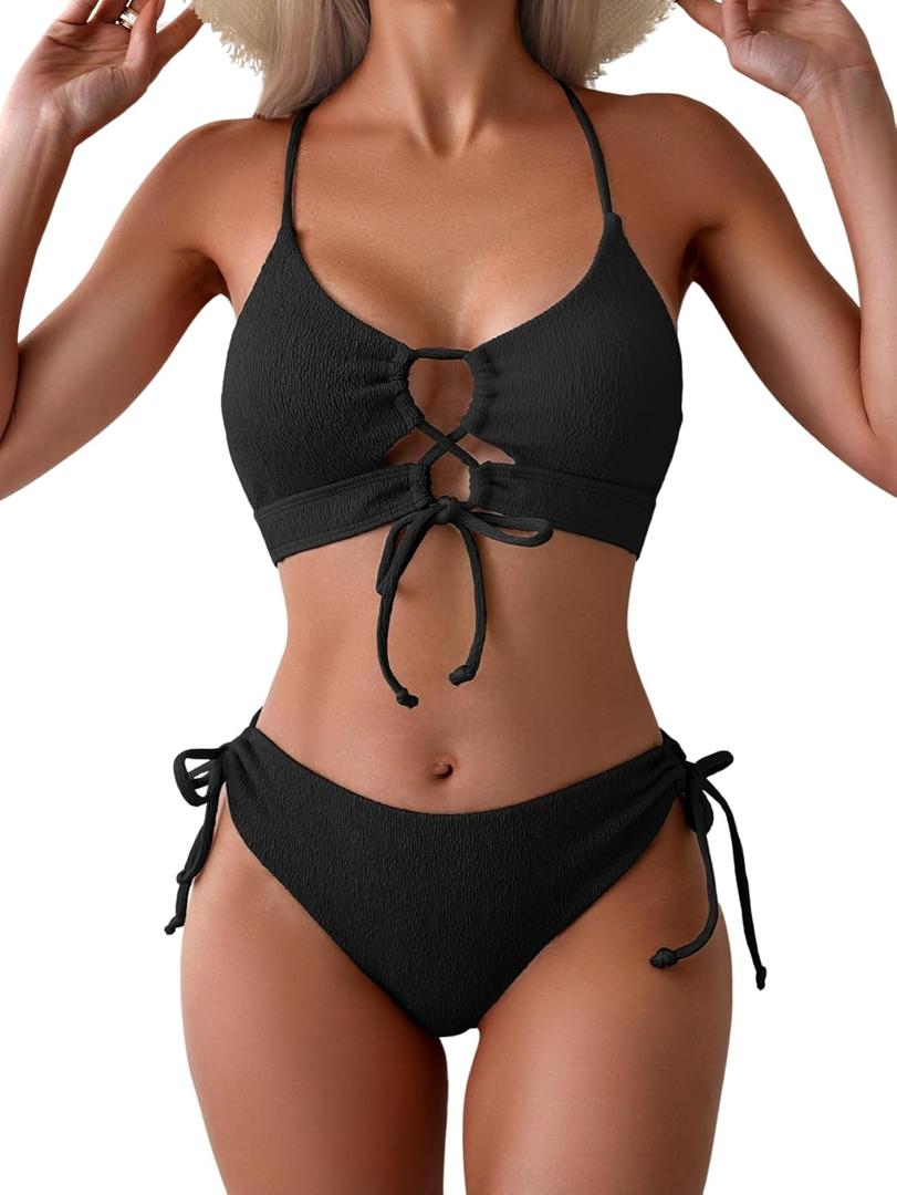 B2prity Women's Sexy Bikini Set Color Block Lace Up 2 Piece Bathing Suit Tie Side Swimsuit (XX-Large, Black)