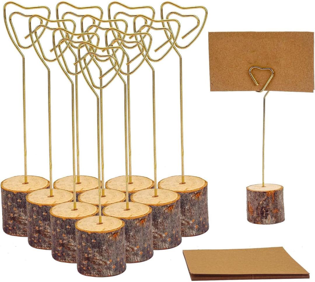 10 Pcs Rustic Wood Place Card Holders and 10 Pcs Kraft Place Cards, Wooden Table Number Holder Stand Photo Picture Note Clip Holders for Wedding Party Name Sign(Gold Heart Wire)