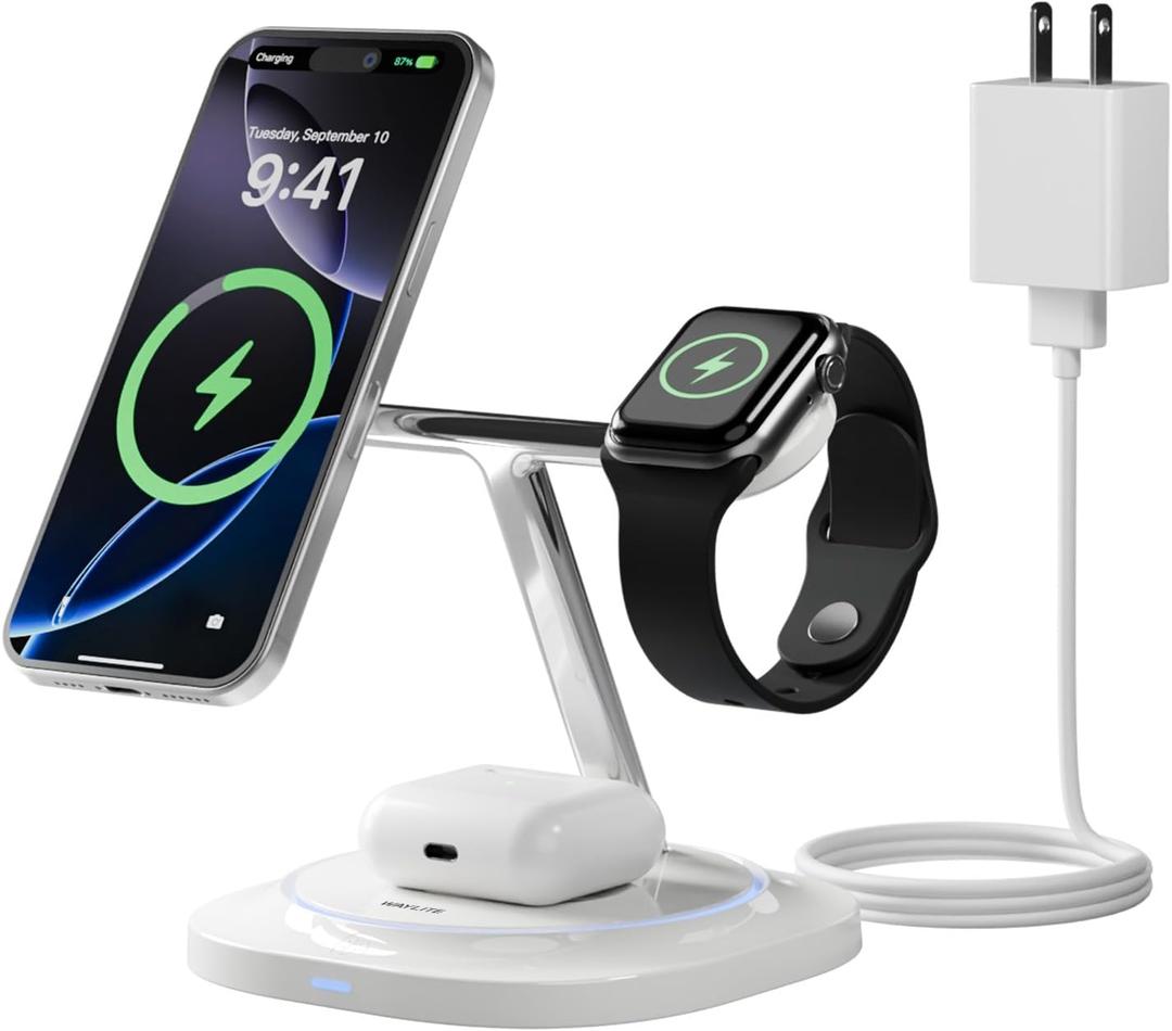 3 in 1 Magnetic Wireless Charger for Apple - Fast Charging Station Compatible with MagSafe for iPhone17-12, Apple Watch& AirPods, Phone and Watch Charger Stand for Desktop Bedside Nightstand (White)
