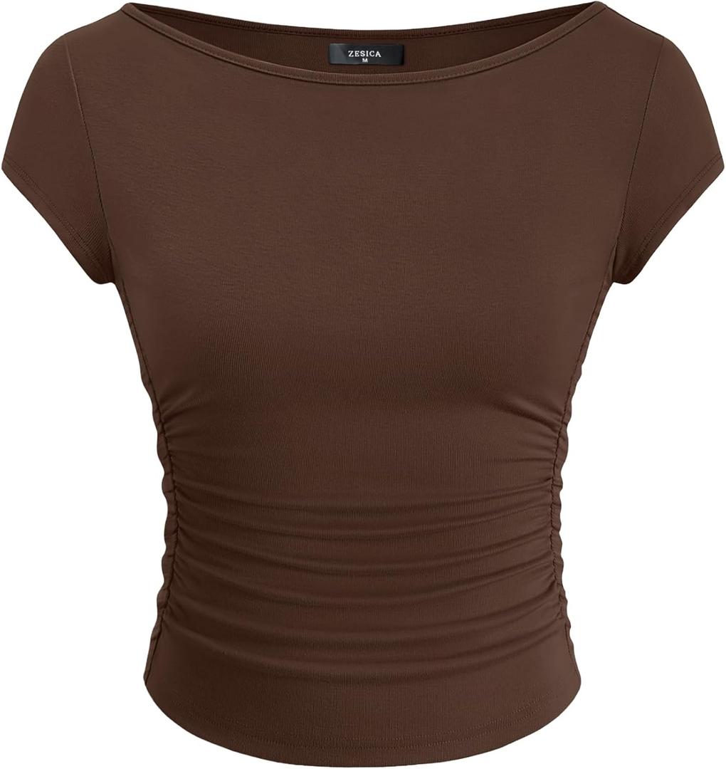 ZESICA Women's Summer Boat Neck Short Sleeve T Shirts 2026 Spring Slim Fit Y2k Going Out Crop Tops Basic Trendy Outfits (Brown, S)