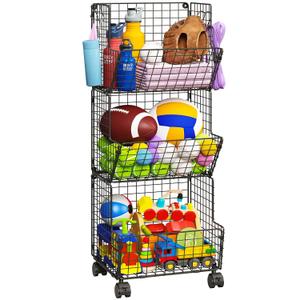 Outdoor Toy Storage Basket, Play Kitchen Organizer with 5 S-Hooks,3 Tier Rolling Storage Cart Garage, Pantry Floor Snack Cart with Wheels, Toy Shelf Dog Storage Organizer Kids Bookshelf (Black)