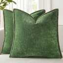 DecorUhome Chenille Soft Cozy Throw Pillow Covers 18x18 Set of 2, Modern Farmhouse Boho Velvet Decorative Pillow Cases with Stitched Edge for Couch Sofa Bed Home Decor, Forest Green