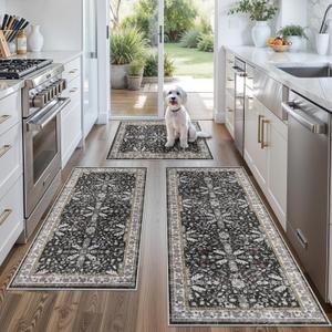 3-Piece Washable Kitchen Rug Set of 3 with Runner  Non-Slip Boho Kitchen Mats for Hardwood Floor, Sink & Entryway & Bathroom, Home Decor (Black,2x3+2x4+2x5)