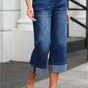 Vetinee Capris Jeans for Women Wide Leg High Waisted Trendy Fold Hem Summer Casual Stretchy Denim Jean Capri Pants (Blue, S)