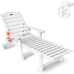 Lounge Chair Outdoor, Chaise Lounge Chair Outdoor, HDPE 6-Position Lounge Chair for Outside, Patio Lounge Chair with Wheels & Cup Holder for Pool Poolside Deck Backyard, White
