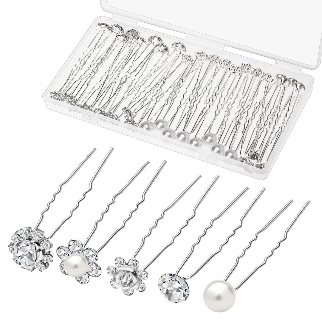 40 Pack Wedding Pearl Hair Pins for Bridal, Silver Pearl Rhinestone Hair Pins Wedding Hair Decorations Accessories for Brides Bridesmaids Women Girls