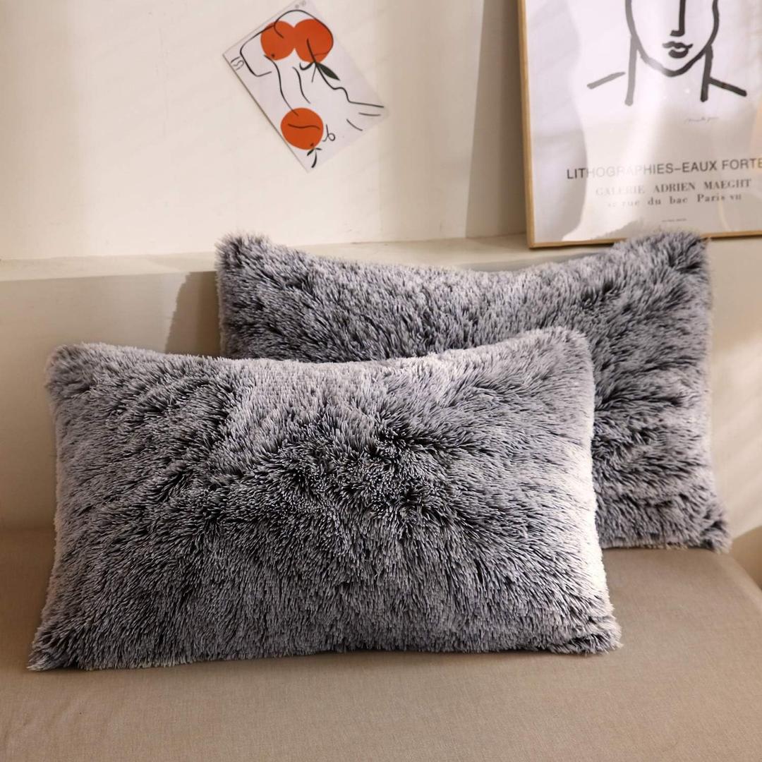XeGe Faux Fur Throw Pillow Cases, Plush Shaggy Ultra Soft Pillow Covers, Fluffy Crystal Velvet Decorative Pillowcases, Furry Fuzzy Pillow Shams Zipper Closure, Set of 2 (King, Black Ombre)
