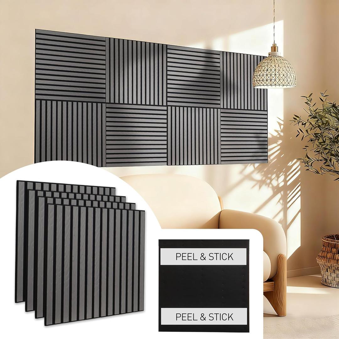 Peel & Stick Acoustic Wood Slat Wall Panels  23  23 3D Wood-Grain Soundproof Panels, 4 Pack  Waterproof Decorative Noise-Reducing Wall Panels for Home Office & Studio (Graphite Gray)