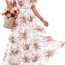 Bebonnie Womens Summer Wrap V Neck Short Sleeve Flowy Layers Chiffon Wedding Guest Maxi Dresses (White, L)