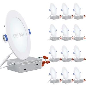 TORCHSTAR Basic Series 12-Pack 6 Inch Ultra-Thin LED Recessed Lighting with Junction Box, CRI90, Aluminum, 5000K Daylight, 5%-100% Dimmable Slim Recessed Downlight, 12W 1100LM, ETL and Energy Star