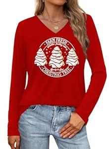 Christmas Shirts for Women Christmas Tree Graphic Shirt Xmas Tshirts Bow Printed V Neck Long Sleeve Tee Tops(Red4, Medium)