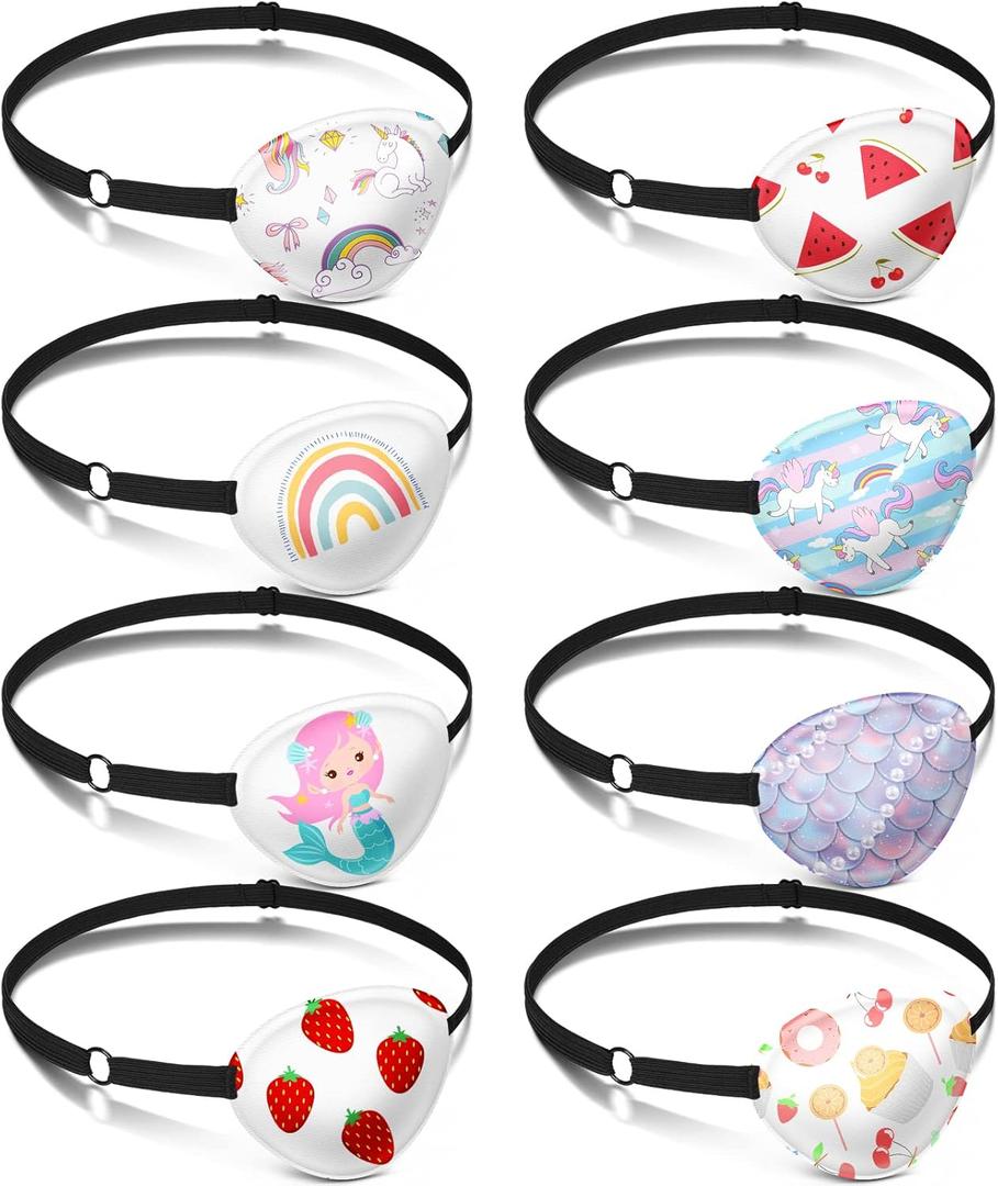 Eurzom 8 Pcs Eye Patches for Kids Adjustable Single Eyepatch Reusable Cute Girls Boys Patch with Elastic Strap for Left or Right Eye Patch, Various Patterns(Fresh Style)