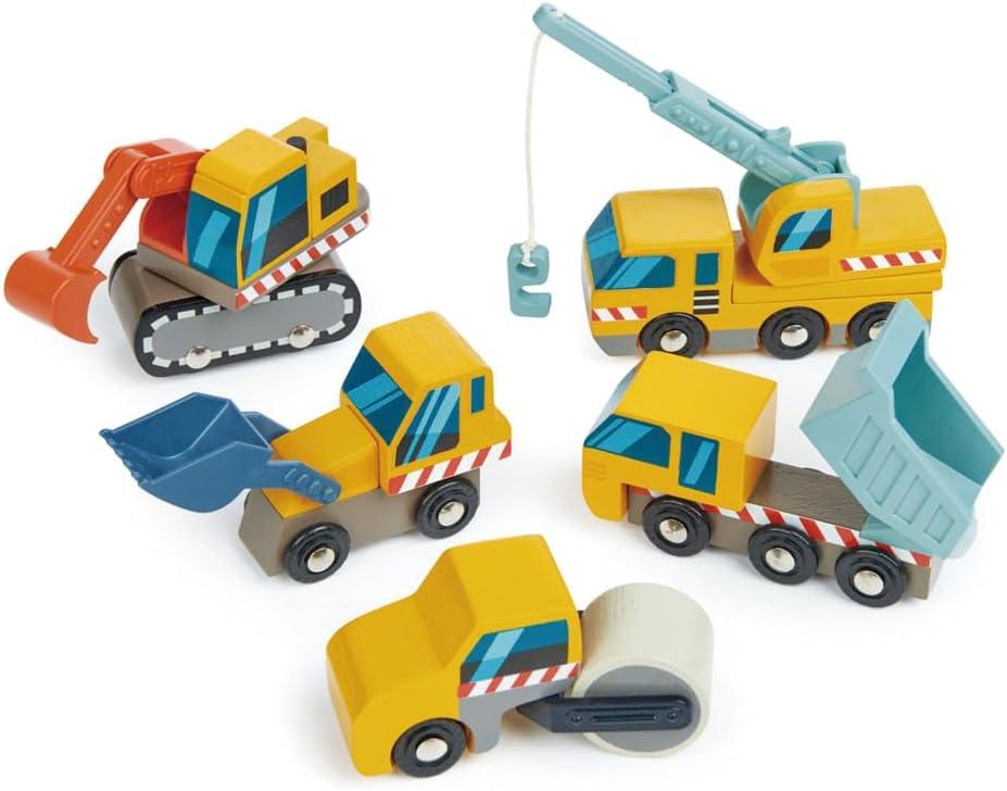 Tender Leaf Toys - Construction Site - Four Heavy Vehicles with Crane Truck, Road Roller, Dump Truck and Front Loader - Build Your Own Construction Site and Develops Fine Motor Skills for Children 3+