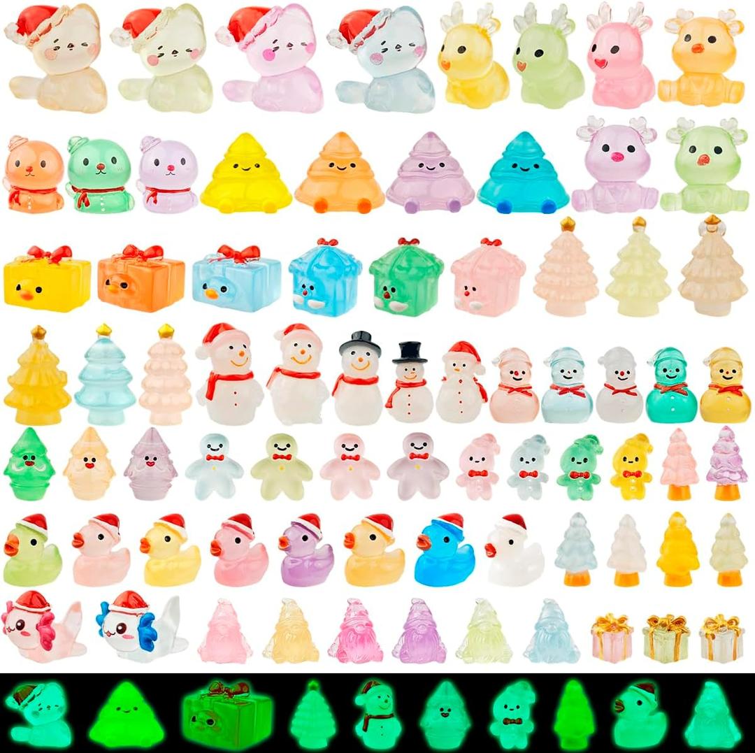 Piemow 75 Pcs Miniature Christmas Figurines - Luminous Mini Resin Figures to Hide, Glow in The Dark Resin Animals Gifts for Micro Landscape Aquarium Fairy Garden Dollhouse Decor