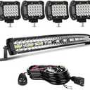 LED Light Bar Kits - 32IN Curved 585W Triple Row Offroad Driving LED Light Bar+ 4pc 4inch 72W Led Pod Lights with Wiring Harness-3 Lead Fit for Pickup Trucks SUV ATV UTV Boat Lights