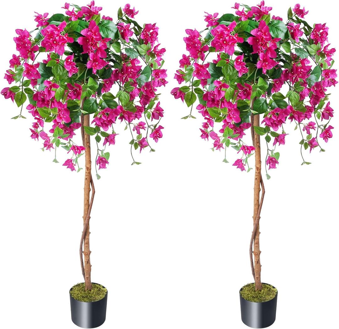 HUAESIN 2 Pack 5FT Bougainvillea Artificial Tree Tall Potted Fake Bougainvillea Trees Lifelike Faux Plants with Wood Trunk and Pink Flower for Indoor Outdoor Office Wedding Home Decor