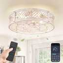 LEDIARY 20" Caged Ceiling Fan with Light, Small Flush Mount Ceiling Fan with App&Remote, Low Profile Bladeless Ceiling Fan Light Fixture 6 Speed, Reversible and Quiet Motor-White Gold
