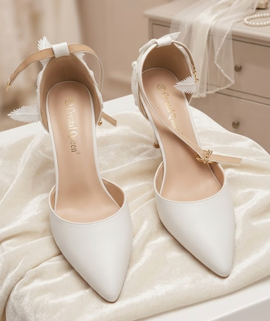Wedding Shoes for Bride Block Low High Heels Point Toe Closed Toe Wedding Heels Bridal Shoes Ankle Strap Heels Lace Elegant Leather 38