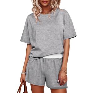 Womens Short Sets 2 Piece Summer Vacation Outfits Short Sleeve T-shirts Elastic Waist Shorts Matching Set (Light Grey, XL)