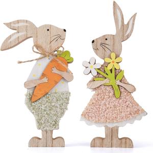 Easter Table Decorations Bunny Tiered Tray Decor Wooden Bunny Block Signs Gifts Happy Easter Centerpiece for Tables Wood Rabbit Tabletop Signs for Kitchen Home Shelf Office Decor