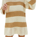 Prinbara Crochet Cover Up for Women Swimsuit Summer Bathing Suit 2025 Swim Hollow Out Bikini Swimwear Mesh Knit Beach Dress White Apricot Stripe XX-Large