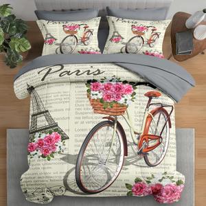 Comforter Set Queen Size, Paris Vintage Bicycle 7 Pcs Bedding for Kids and Adults, Flower Bike Retro Bed Sheet Sets with Fitted Sheet 2 Pillowcases & 2 Shams for Bedroom Bed Decor