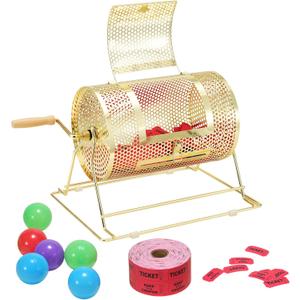 VEVOR Raffle Ticket Spinner - 12 x 8 Inch Raffle Drum Lottery Spinning Drawing, Brass Plated Raffle Tickets Roll Box with Wooden Turning Handle Holds 2500 Tickets or 100 Ping Pong Balls for Events, 12x8inch-Small