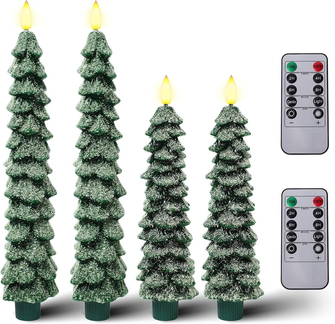 4 Pcs Flameless Taper Candles, Christmas Tree Candles with Remote, Battery Operated Candlesticks - Snow-Covered Effect Design - 10 Inches Flickering LED Window Candle Lights