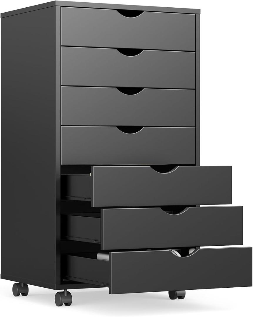 OLIXIS 7 Drawer Mobile File Cabinet Under Desk Storage Organization with Wheels Vertical Filing Chest Rolling Wood Small Desk Printer Stand for Home Office, 15.75"D x 18.74"W x 34.25"H, Black